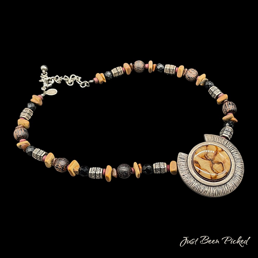 Chico's Beaded Statement Necklace‎ Silver Tone Earthy Mixed Media